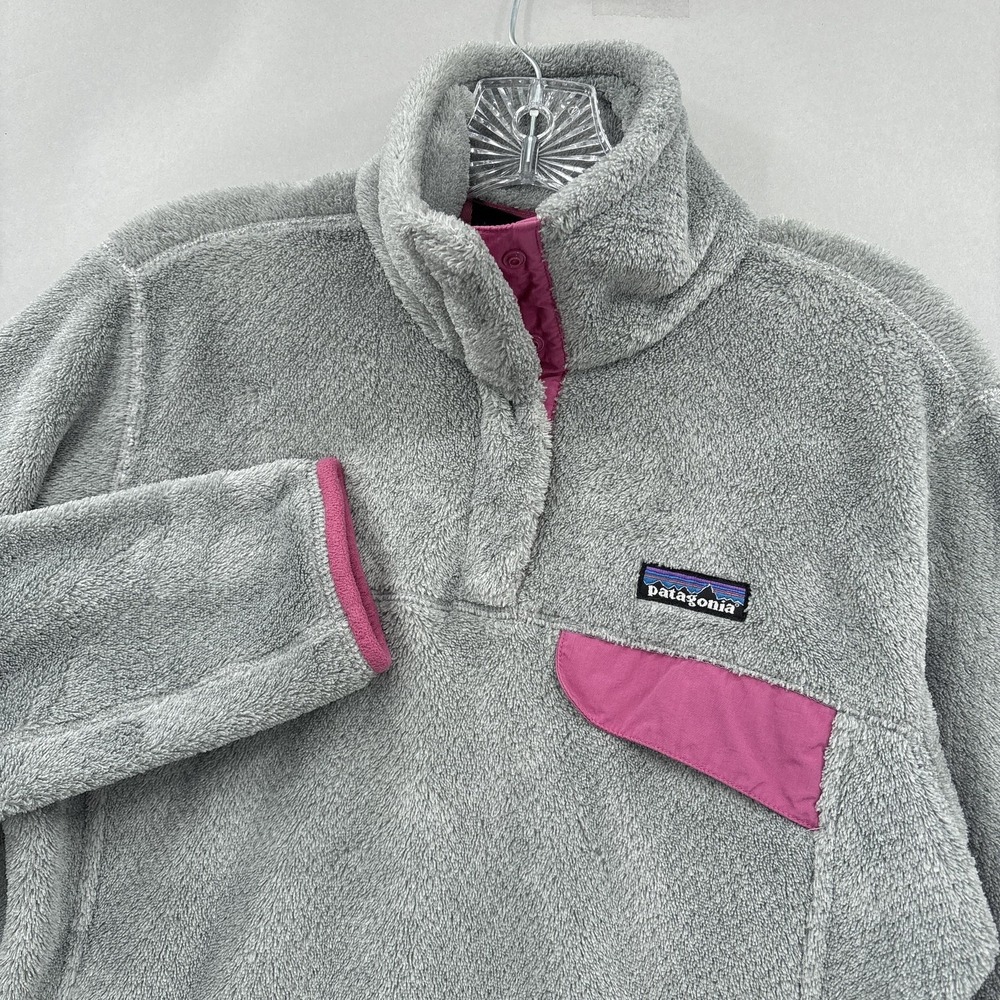 Patagonia Pullover Womens Medium Gray‎ Pink Re Tool Snap T Fleece Jacket Cozy